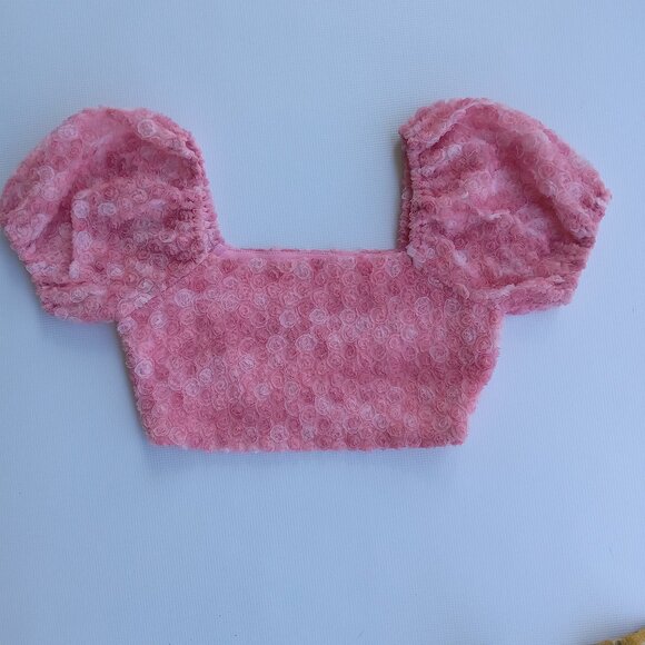 LE LIS Peony Delight smocked pink rosette‎ crop top puff sleeves size XS - Picture 2 of 10